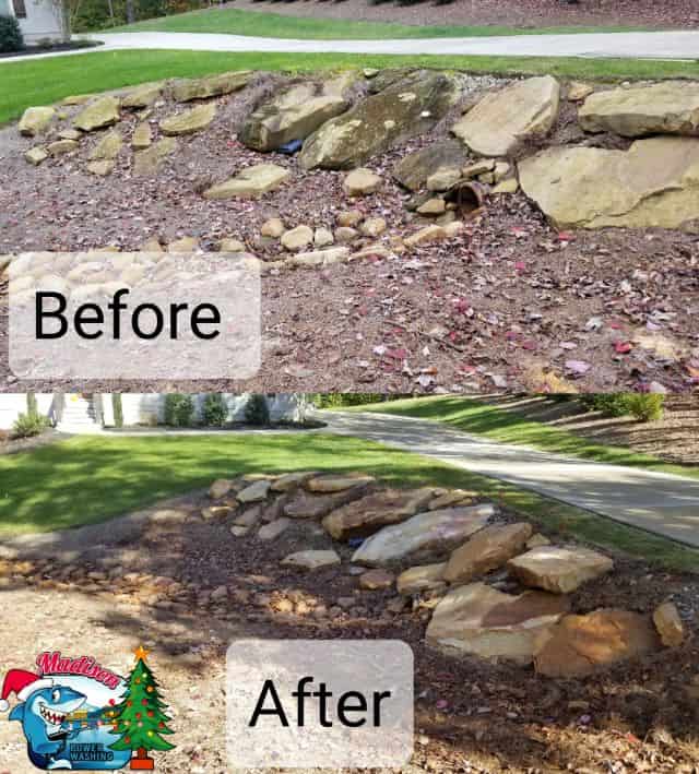 Before and after photo of river rock that was cleaned on signal mountain TN.