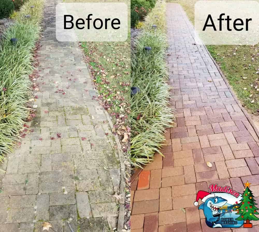 Pressure Washing Brick with algae treatment.