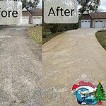 Before and after photo of a dirty driveway that was pressure washed and algae was treated.