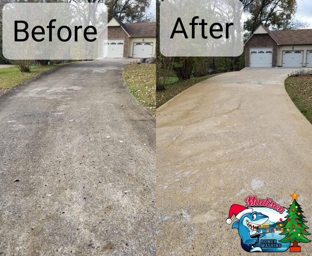 Before and after photo of a dirty driveway that was pressure washed and algae was treated.