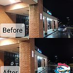 Before and after photo of brick cleaning at a commercial building