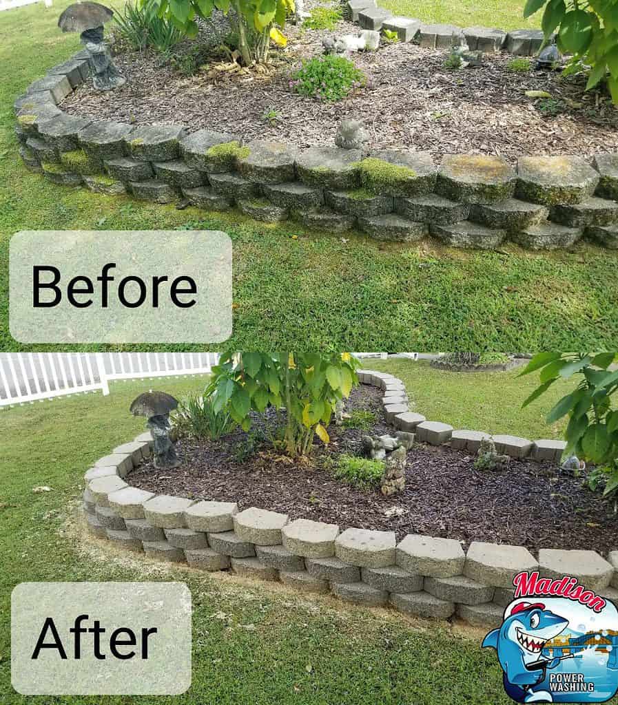 Before and after photo of landscaping stones soft washed