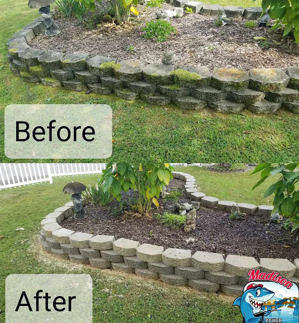 Before and after photo of landscaping stones soft washed