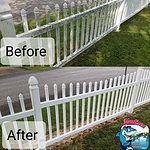 Before and after photo of vinyl fence cleaning