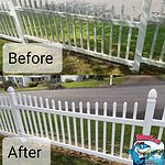 Before and after photo of vinyl fence cleaning