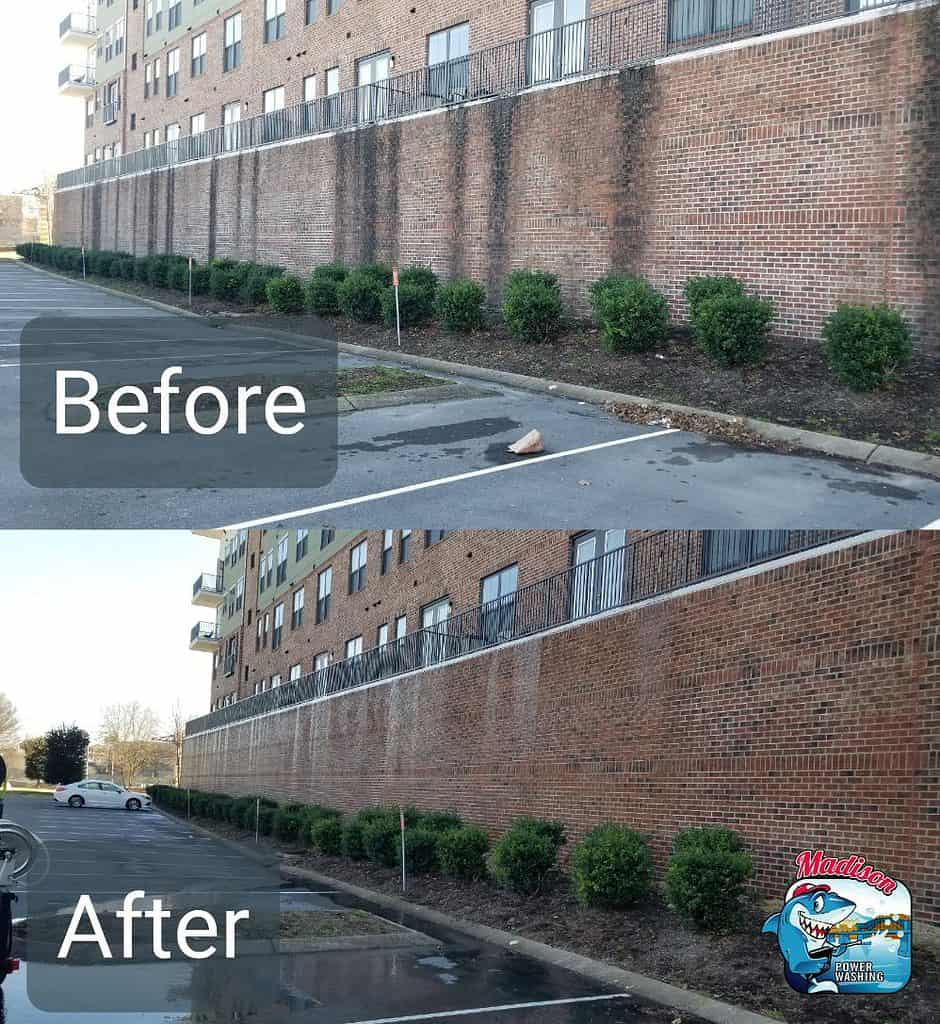 Before and after photo of dirty commercial brick wall cleaning