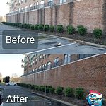 Before and after photo of dirty commercial brick wall cleaning