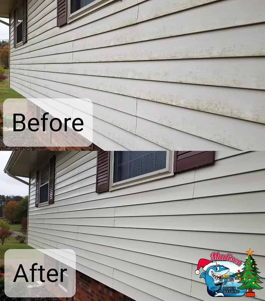 Before and after photo of dirty siding that was soft washed in Harrison TN