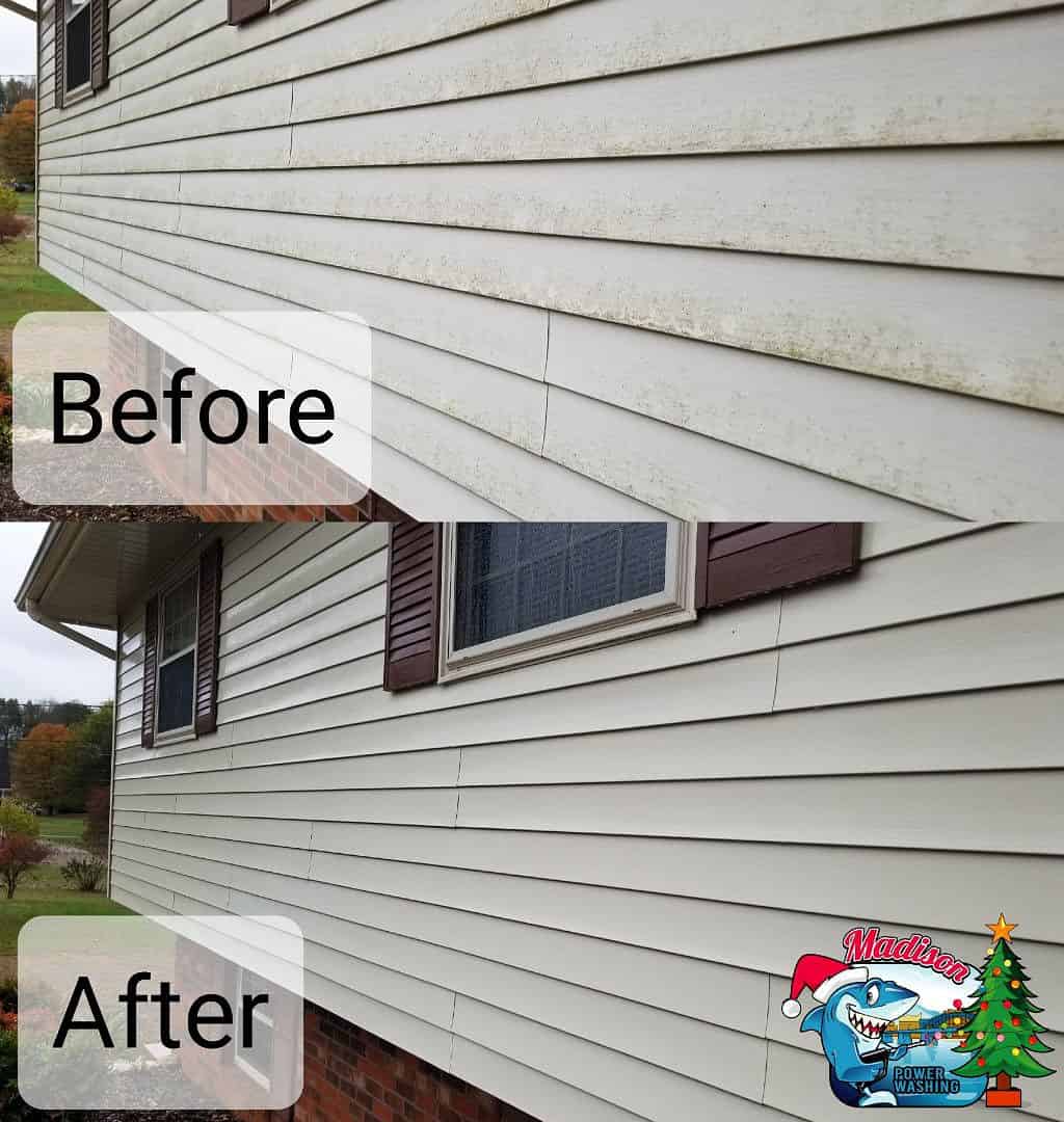 Before and after photo of dirty siding that was soft washed in Harrison TN