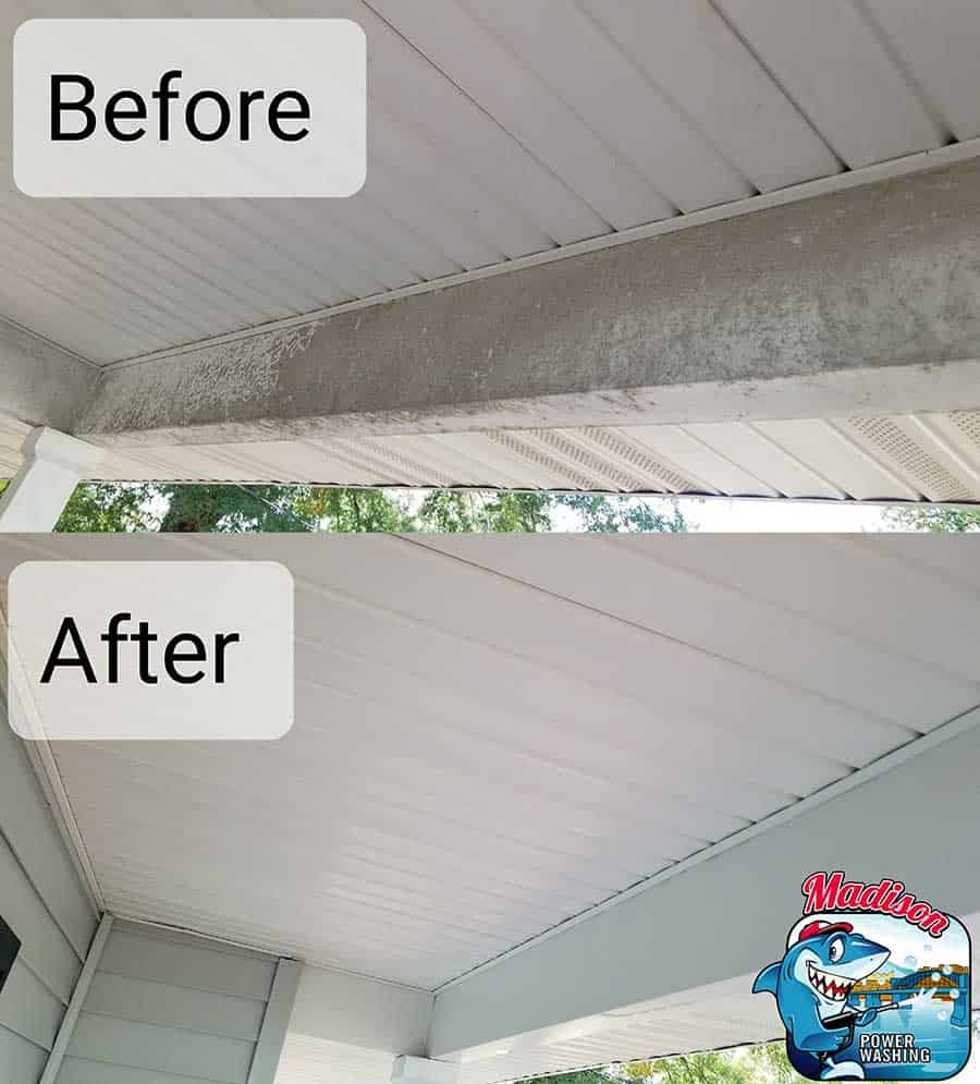 Before and after photo of porch algae
