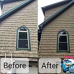 Before and after photo of specialty siding that was soft washed.