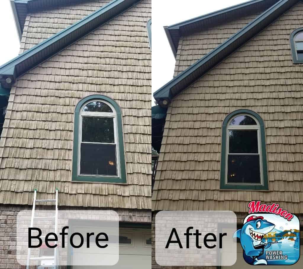 Before and after photo of special siding that was cleaned using soft washing.