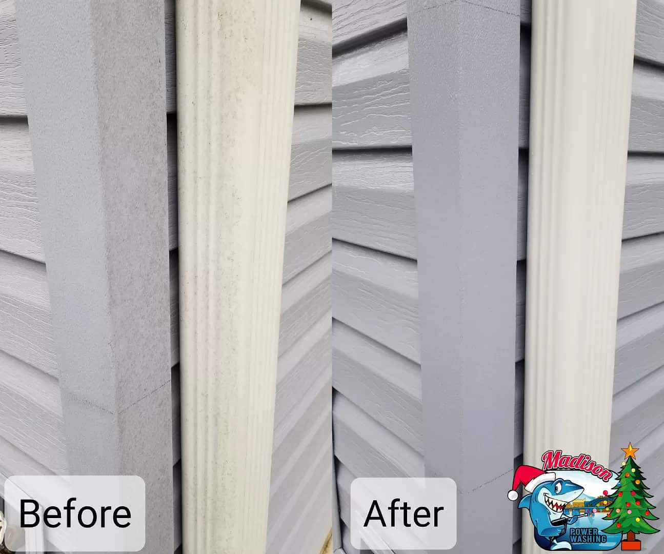 Before and after photo of dirty siding in Chattanooga TN.