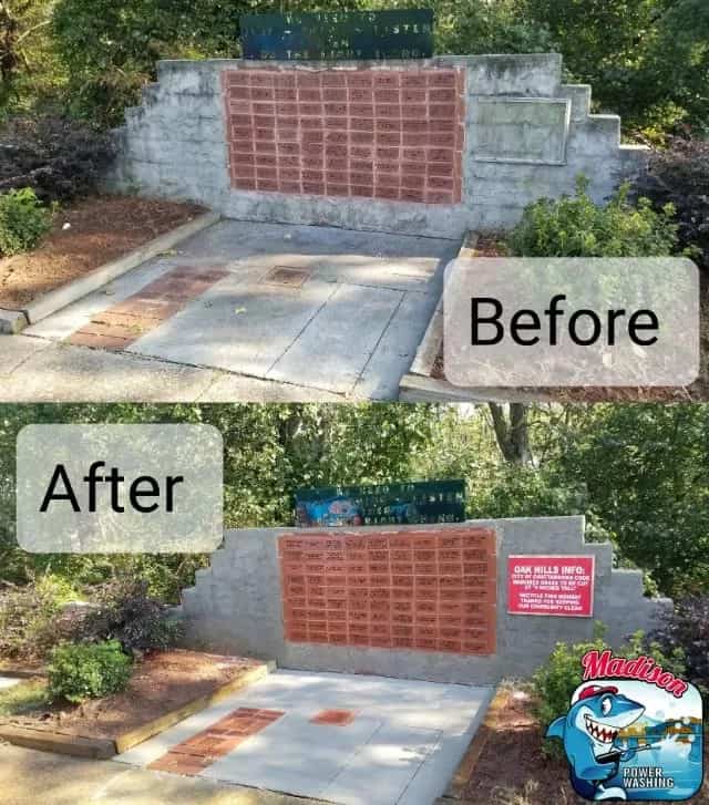 Before and after photo of memorial wall cleaning