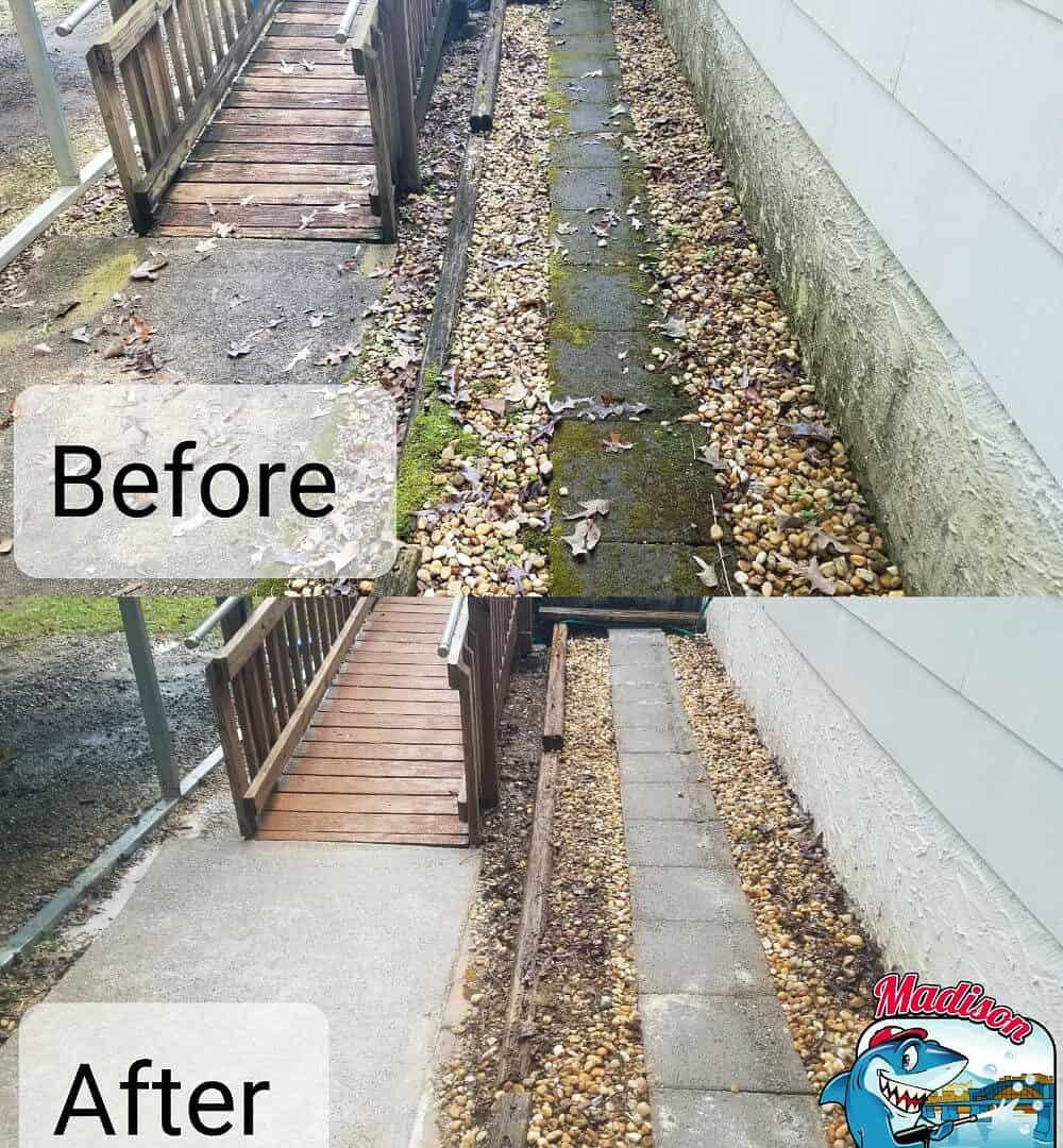 Before and after photo of dirty pavers that was pressure washed
