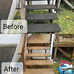 Before and after photo of deck steps and wood restoration