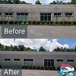 Before and after photo of stucco commercial building that was cleaned.