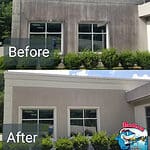 Before and after photo of stucco commercial building that was cleaned.