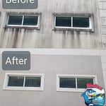 Before and after photo of stucco commercial building that was cleaned.